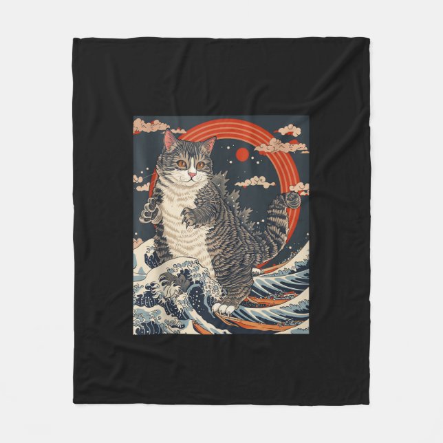 Manta Polar Catzilla Cat Arte Japonés Gracioso Regalos De Gato (Anverso)