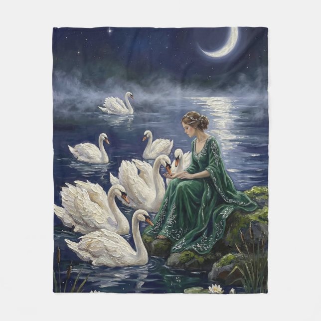 Manta Polar Celtic Swans Moonlit Lake Night Fantasy Art (Anverso)