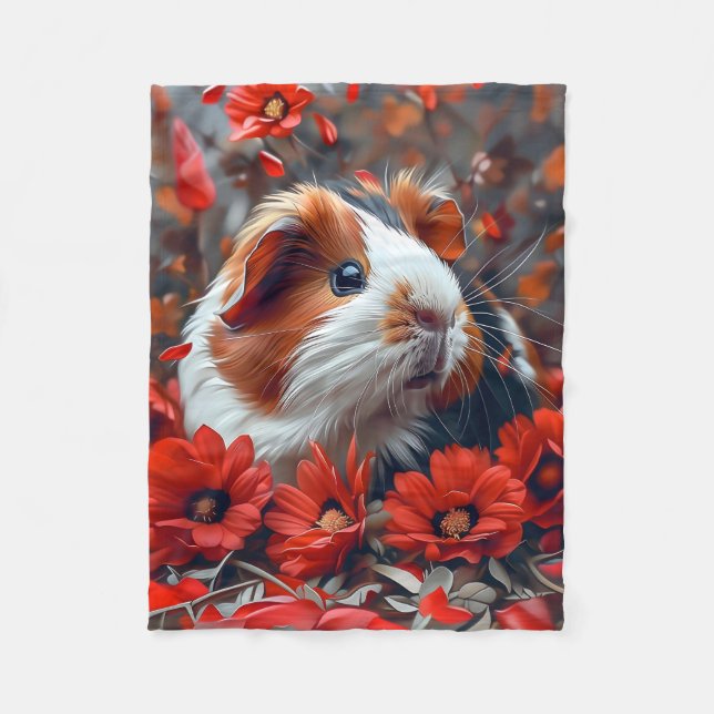 Manta Polar Cerdo guineano entre flores rojas (Anverso)