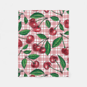 Manta Polar Cerezas rojas en gingham rosa