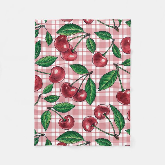 Manta Polar Cerezas rojas en gingham rosa (Anverso)