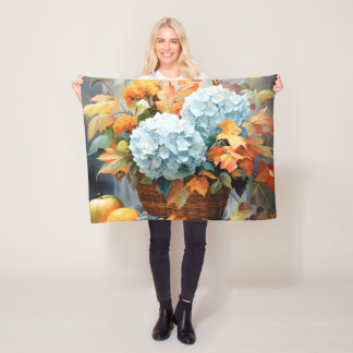 Manta Polar Cesta Floral de Otoño con Acuarela Rústica
