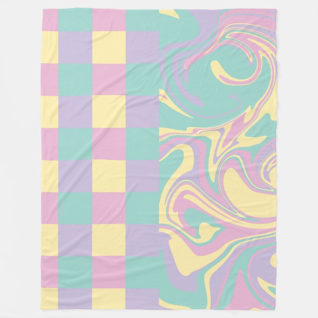 Manta Polar Cheques y Swirls Pastel Rosa, Amarillo, Púrpura y  (Anverso)