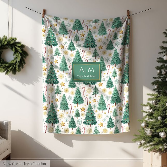 Manta Polar Chic green and gold watercolor Christmas trees (Chic green and gold watercolor Christmas trees Fleece Blanket)