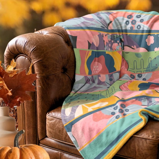 Manta Polar Chic Mostaza Verde Teal Otoño Floral Patchwork (Mustard Teal Fall Floral Patchwork Fleece Blanket – Susanne Sachers - Sunny Mind 🌞)