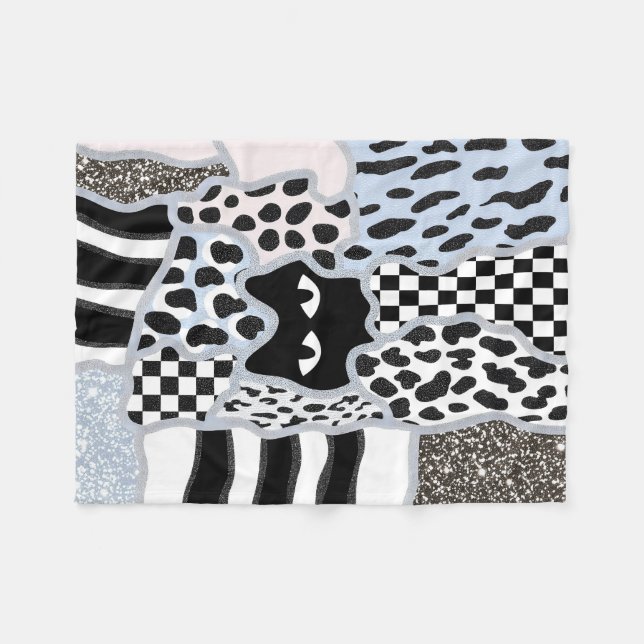 Manta Polar Chic Patchwork Suspicious Black Cat Gingham & Chec (Frente (Horizontal))