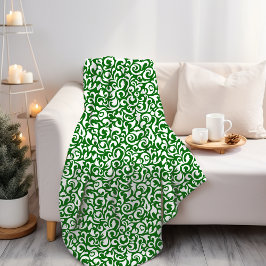 Manta Polar Chic Verde Oscuro Blanco Patrón Floral de Damasco 
