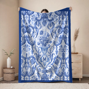 Manta Polar Chic Vintage Azul Toile De Jouy Monograma