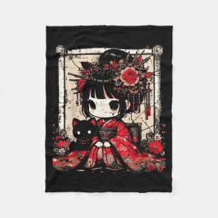 Manta Polar Chica Chibi Kimono Gato Negro Flores Arte Japonés