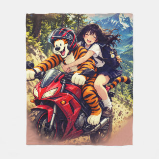Manta Polar Chica de anime en moto con tigre –