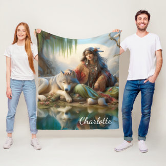 Manta Polar Chica nativa disfrutando un momento con su lobo