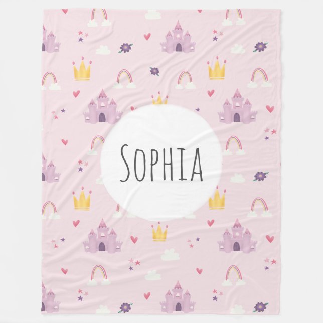 Manta Polar Chicas Castillo Princesa Rosa, Arcoiris, Patrón Co (Anverso)