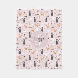 Manta Polar Chicas Cute Patrón Personalizado Gato Rosa y Nombr