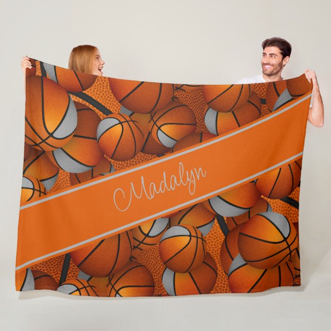 Manta Polar chicas naranja gris baloncesto patrón personalizad (In situ)