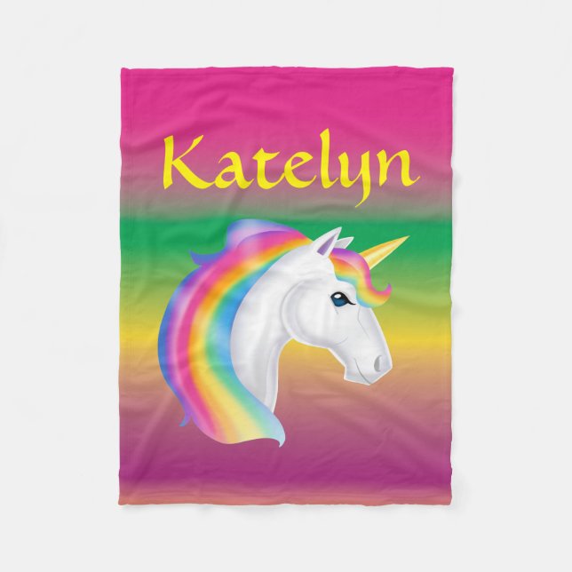 Manta Polar Chicas Nombre personalizado Fleece Rainbow Unicorn (Anverso)