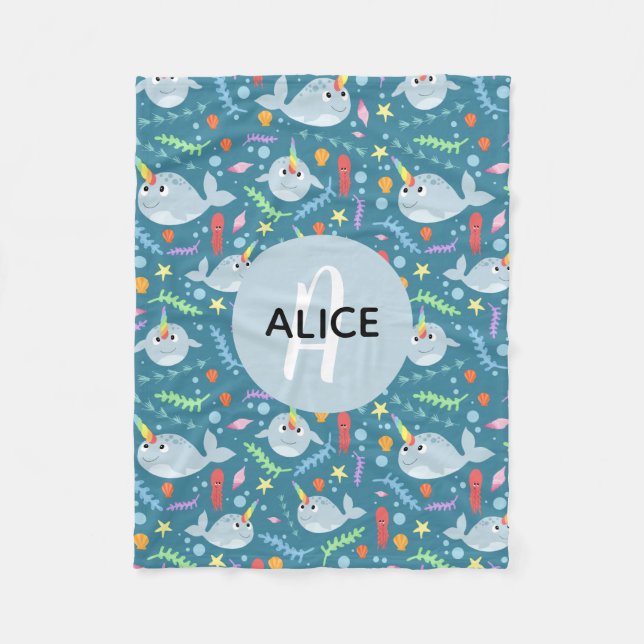 Manta Polar Chicas Trendy Narwhal Pattern Monograma y nombres  (Anverso)