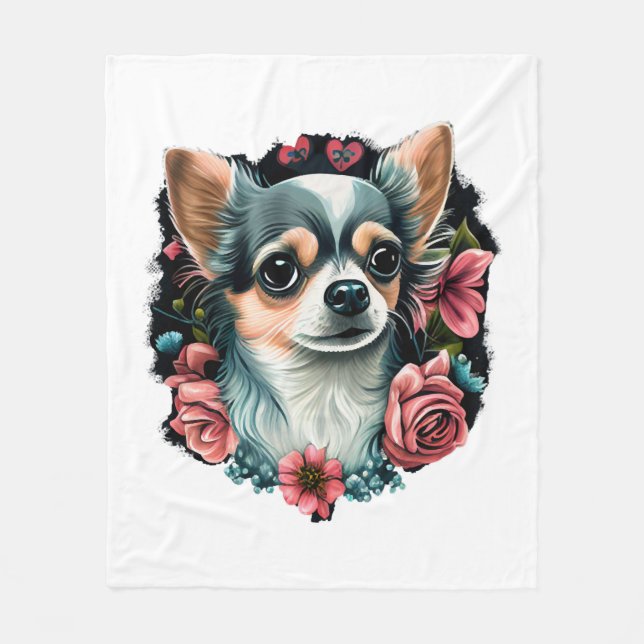 Manta Polar Chihuahua Cute Dog, hermosa Chica de flores (Anverso)