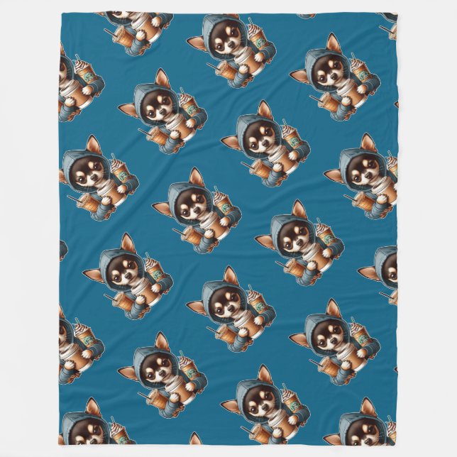 Manta Polar Chihuahua en sudadera encapuchada con café (Anverso)