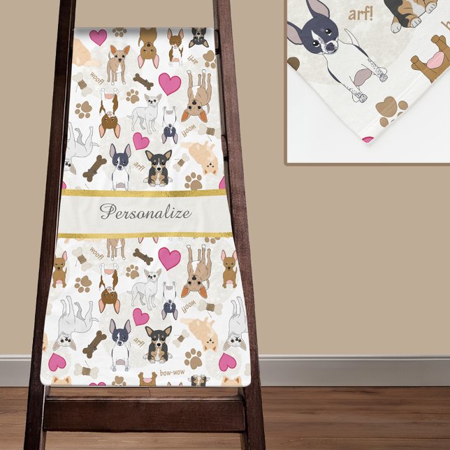 Manta Polar Chihuahua Perros Paw Imprime Patrón de texto óseo (Chihuahua Dogs Paw Prints Hearts Bone Text Pattern Fleece Blanket. Personalize with a name.)