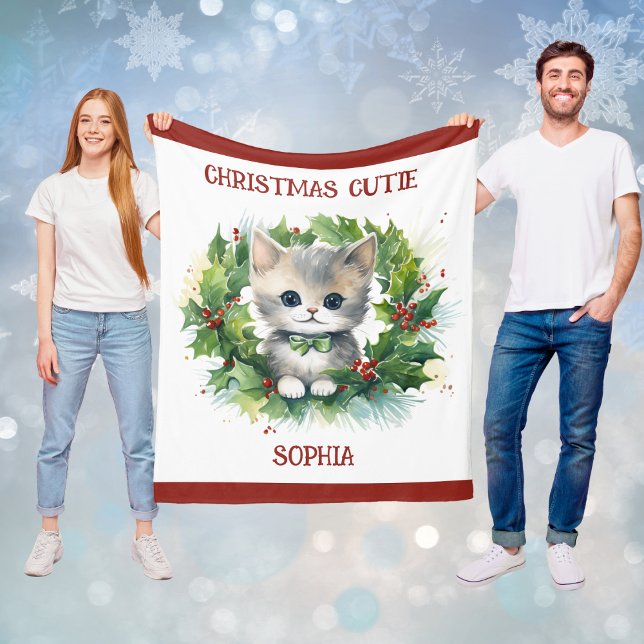 Manta Polar Child's Christmas Blanket With Kitten and Name  (Child's Christmas Blanket With Kitten and Name)