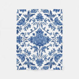 Manta Polar Chinoisería Floral Azul Acuarela Blanca