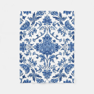 Manta Polar Chinoisería Floral Azul Acuarela Blanca