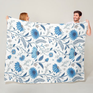 Manta Polar Chinoiserie Blue Echinacea Pattern