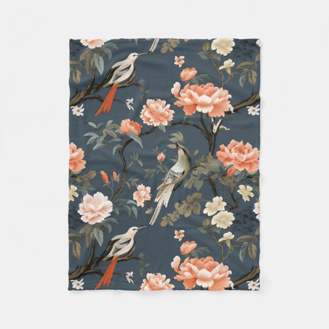 Manta Polar Chinoiserie floral sobre Denim Blue (Anverso)