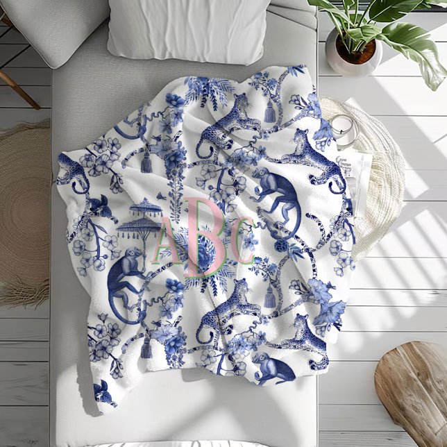 Manta Polar Chinoiserie Jungle Toile | Monograma azul y blanco (Subido por el creador)