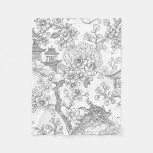 Manta Polar Chinoiserie Toile Dragón Flor de Cerezo Ornamental