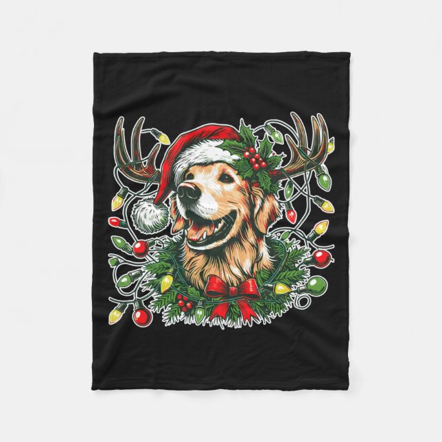 Manta Polar Christmas Golden Retriever Antlers Santa Hat Long  (Anverso)