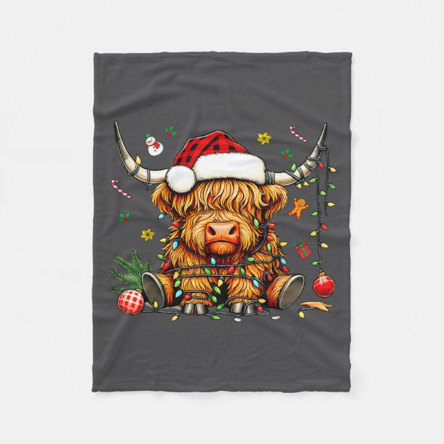 Manta Polar Christmas Highland Cow Xmas Santa Hat Wooly Farm A (Anverso)