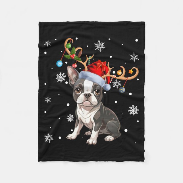 Manta Polar Christmas Light Reindeer Santa Hat Boston Terrier  (Anverso)
