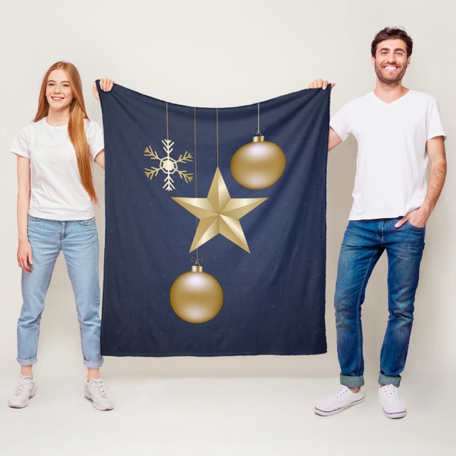 Manta Polar Christmas Party Golden Ornaments Navy Blue Elegant (In situ)