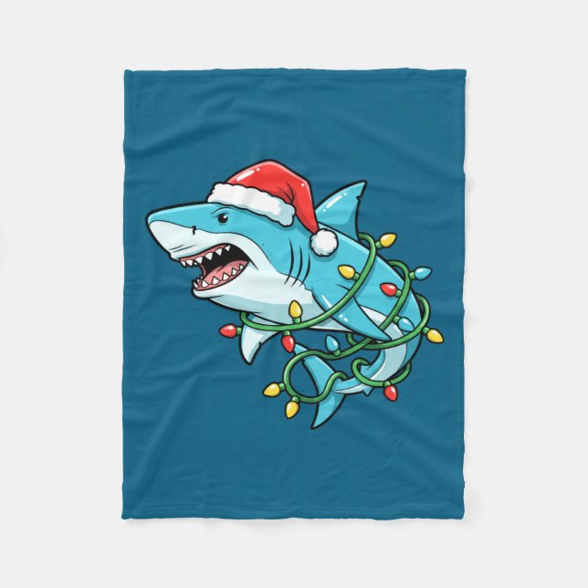 Manta Polar Christmas Shark Santa Hat Wrapped In Lights Funny  (Anverso)