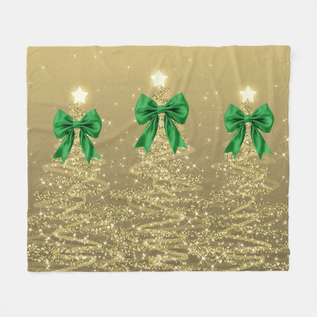 Manta Polar Christmas Sparkling Trees Gold Faux Green Bow  (Frente (Horizontal))