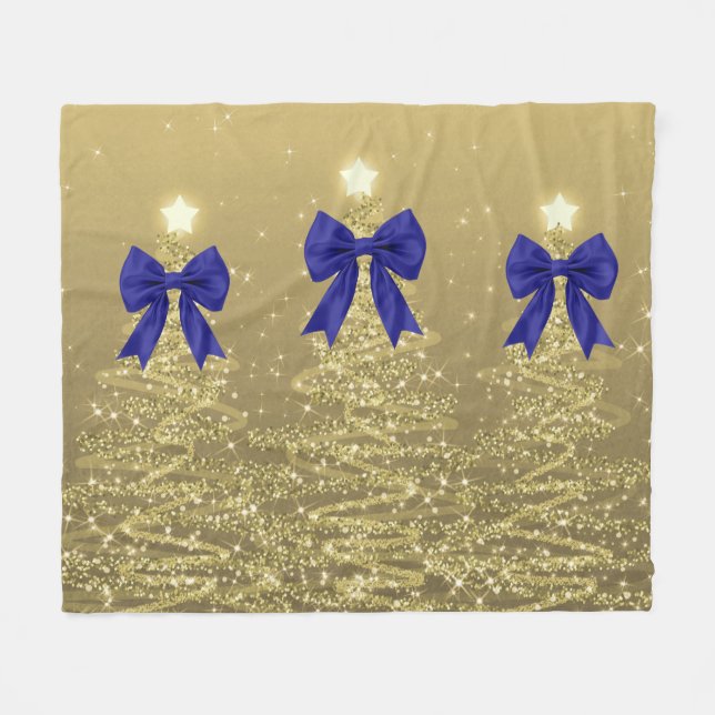 Manta Polar Christmas Sparkling Trees Gold Faux Navy Bow  (Frente (Horizontal))