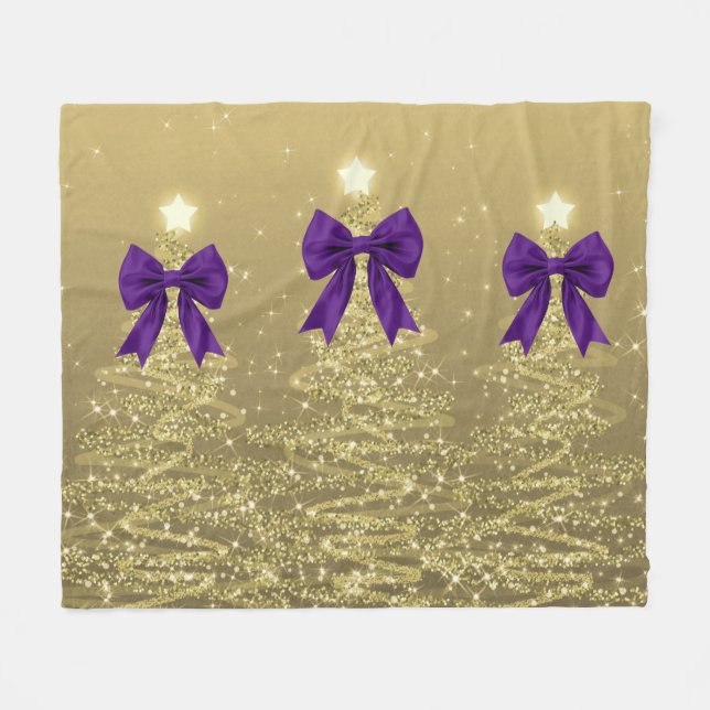 Manta Polar Christmas Sparkling Trees Gold Faux Purple Bow  (Frente (Horizontal))
