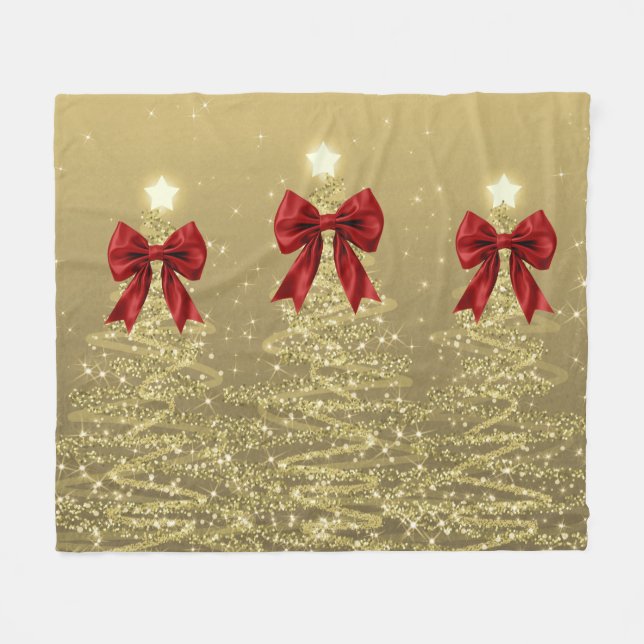 Manta Polar Christmas Sparkling Trees Gold Faux Red Bow  (Frente (Horizontal))
