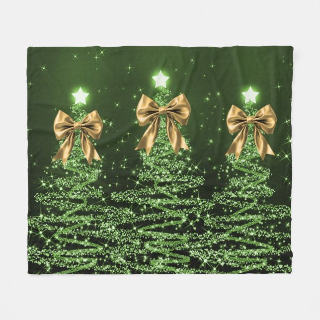 Manta Polar Christmas Sparkling Trees Green Faux Gold Bow  (Frente (Horizontal))