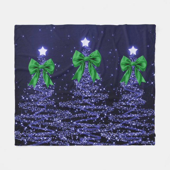 Manta Polar Christmas Sparkling Trees Navy Blue Green Bow  (Frente (Horizontal))