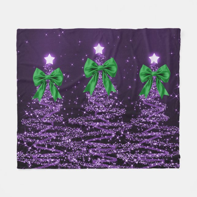 Manta Polar Christmas Sparkling Trees Purple Faux Green Bow  (Frente (Horizontal))