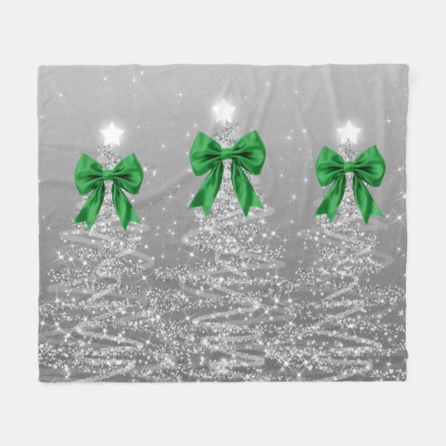 Manta Polar Christmas Sparkling Trees Silver Faux Green Bow  (Frente (Horizontal))