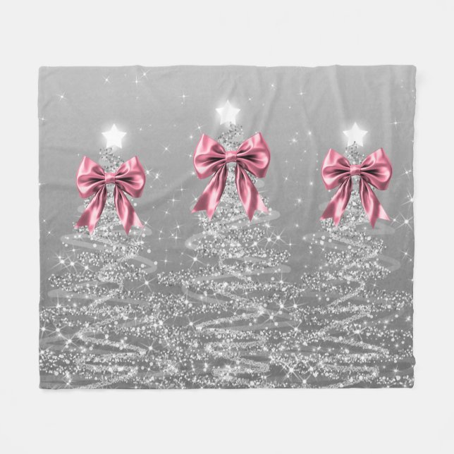 Manta Polar Christmas Sparkling Trees Silver Faux Pink Bow  (Frente (Horizontal))