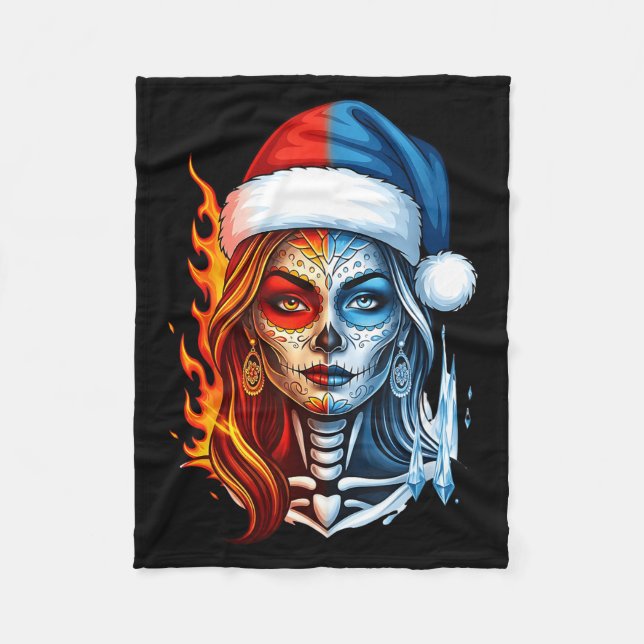 Manta Polar Christmas Sugar Skull Art Woman Santa Hat Fantasy  (Anverso)
