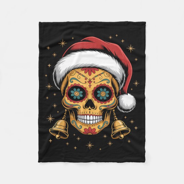 Manta Polar Christmas Sugar Skull Art Woman Santa Hat Festive  (Anverso)
