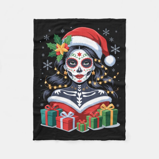 Manta Polar Christmas Sugar Skull Art Woman Santa Hat Festive  (Anverso)