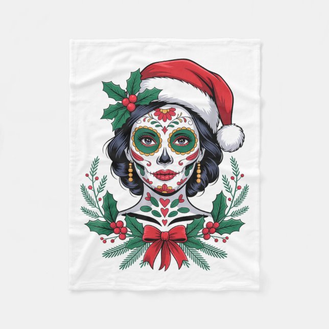 Manta Polar Christmas Sugar Skull Art Woman Santa Hat Festive  (Anverso)
