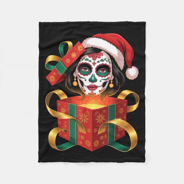 Manta Polar Christmas Sugar Skull Art Woman Santa Hat Festive  (Anverso)