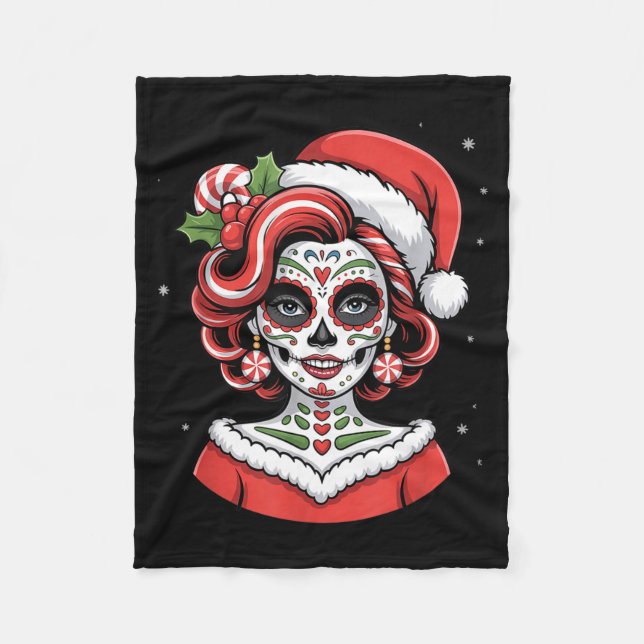 Manta Polar Christmas Sugar Skull Art Woman Santa Hat Festive  (Anverso)